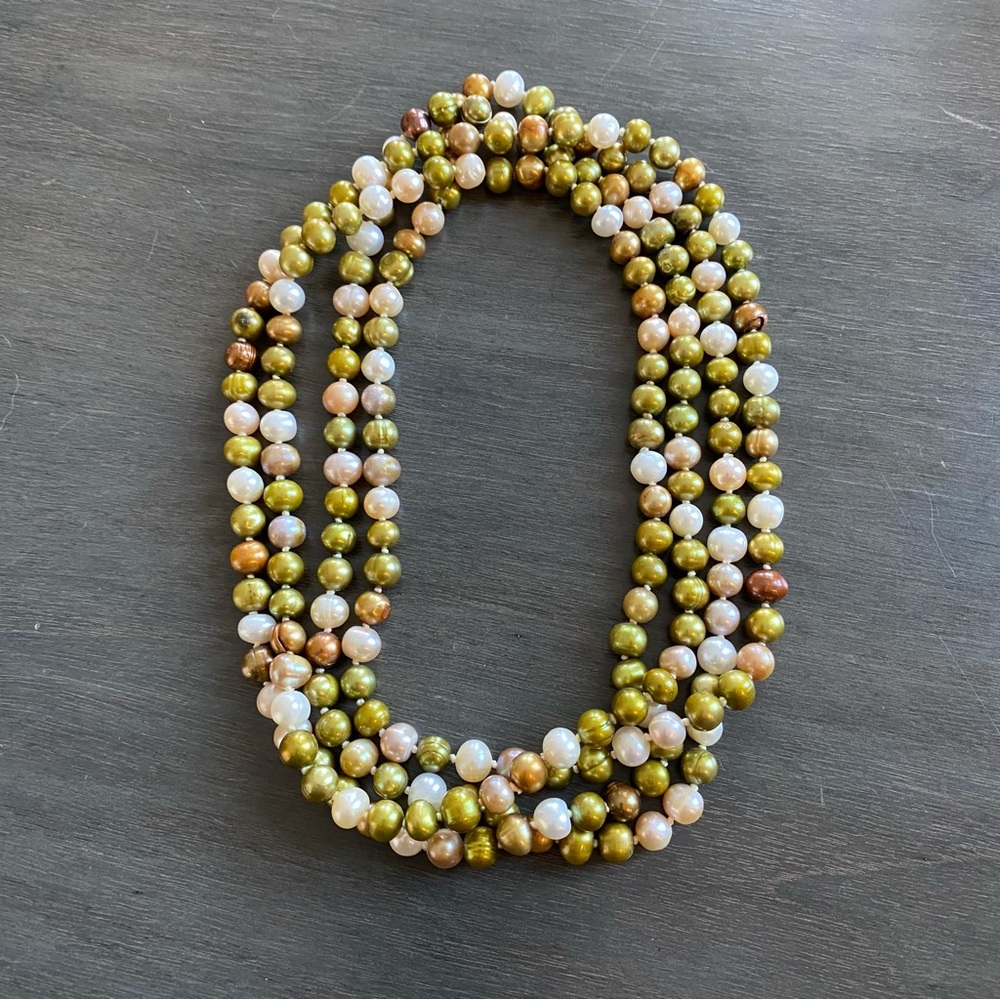 64” Rope of Potato Pearls in Green, Bronze, White and Cream